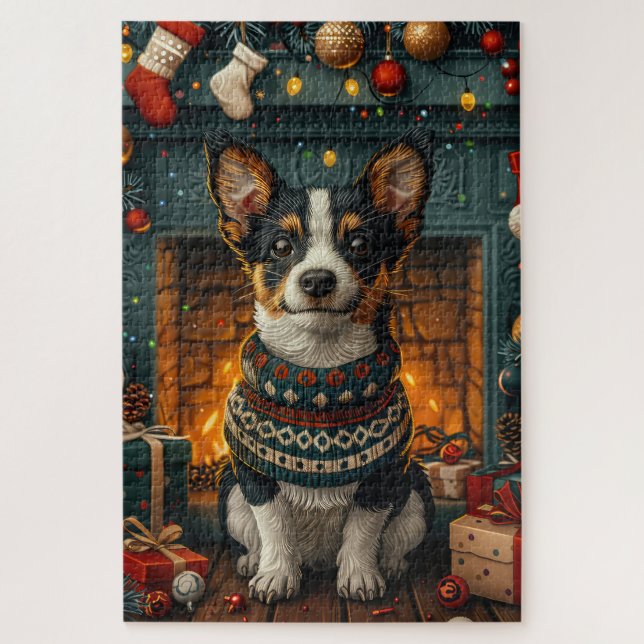 Quebra-cabeça Cachorro Rat Terrier com Presentes de Natal na Lar (Vertical)