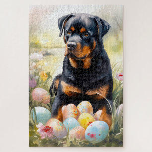 Quebra-cabeça Cachorro Rottweiler com Ovos de Páscoa Feriado 