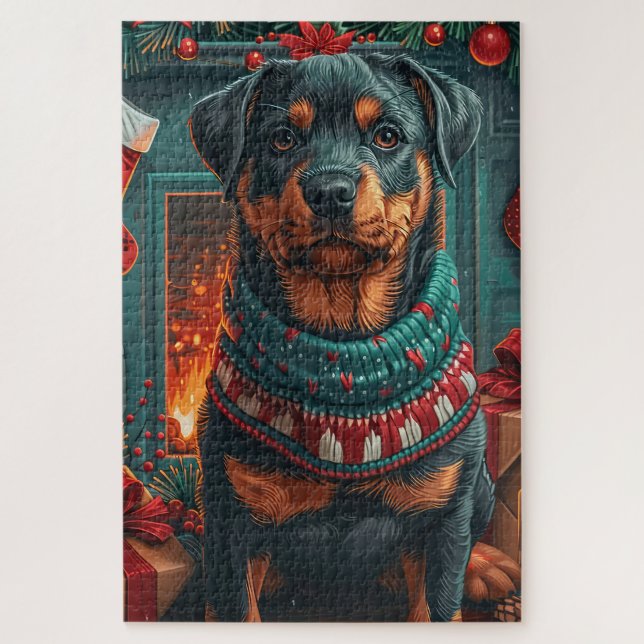 Quebra-cabeça Cachorro Rottweiler Com Presentes De Natal Lareira (Vertical)