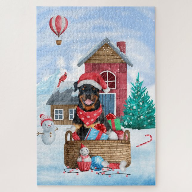 Quebra-cabeça Cachorro Rottweiler na Casa de Natal na Neve (Vertical)