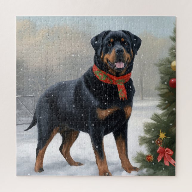 Quebra-cabeça Cachorro Rottweiler na Neve Natal (Vertical)