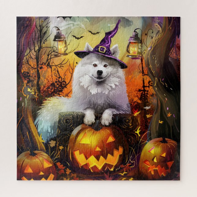 Quebra-cabeça Cachorro Samoyed Assustador Dia das Bruxas Feitice (Vertical)