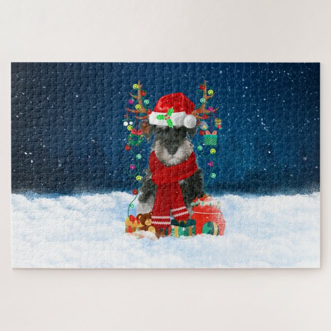 Quebra-cabeça Cachorro Schnauzer com presentes de Natal (Horizontal)