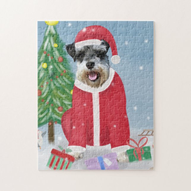 Quebra-cabeça Cachorro Schnauzer no Natal da Neve (Vertical)