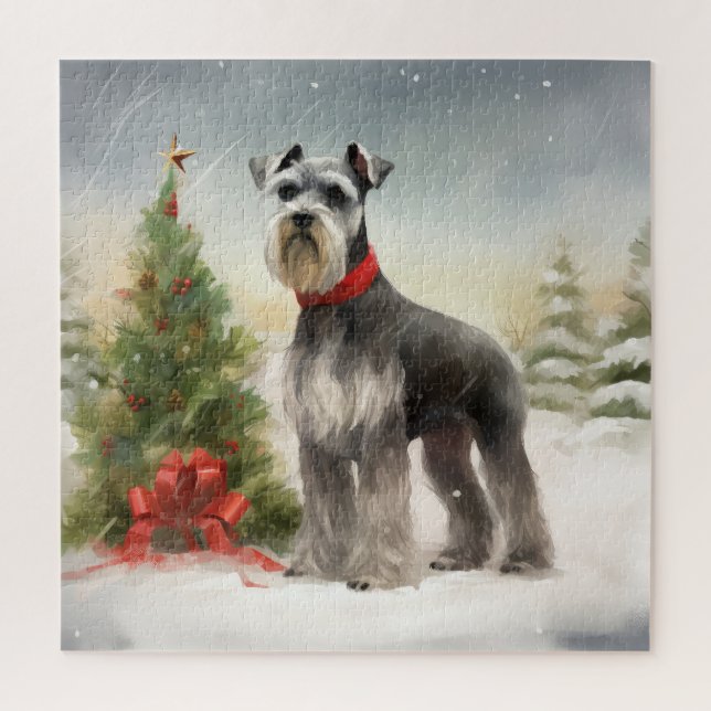 Quebra-cabeça Cachorro Schnauzer no Natal da Neve (Vertical)