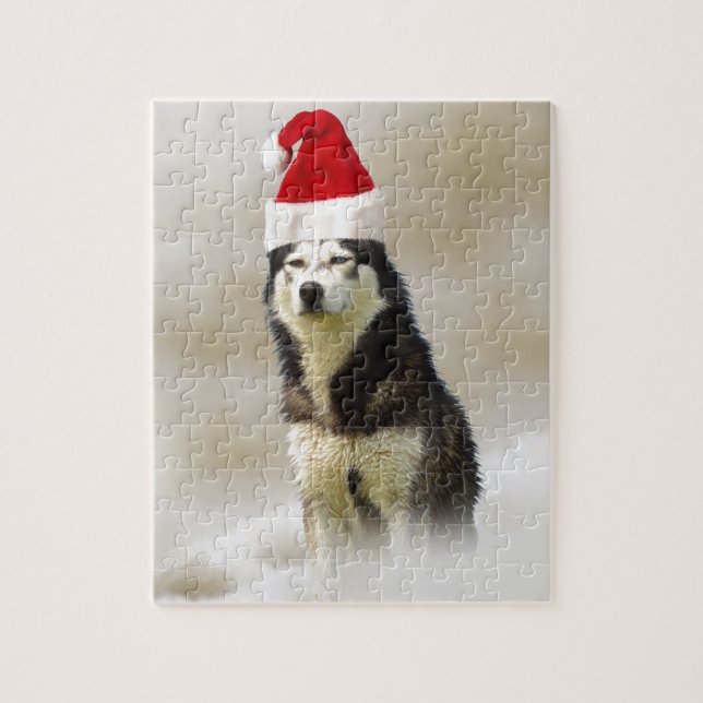 Quebra-cabeça Cachorro Siberiano Husky com Papai Noel em neve (Vertical)