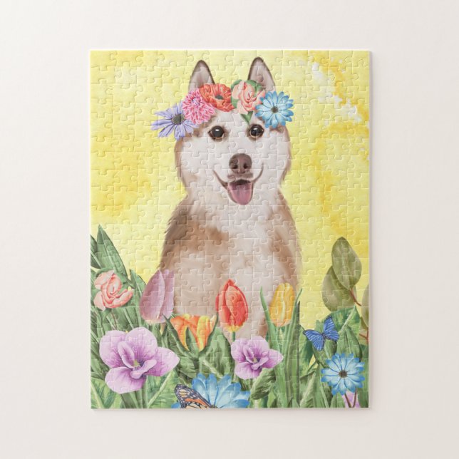 Quebra-cabeça Cachorro Siberiano Husky com Primavera de Flores (Vertical)