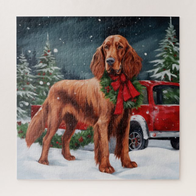 Quebra-cabeça Cachorro Vermelho Irlandês no Natal da Neve (Vertical)