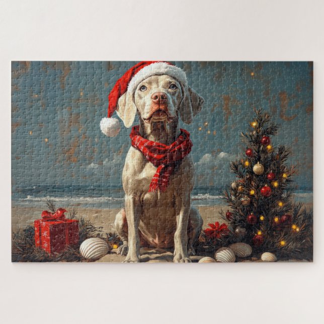 Quebra-cabeça Cachorro Weimaraner Natal Praia Vintage (Horizontal)