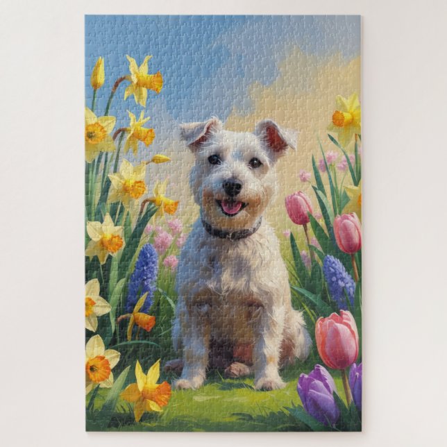 Quebra-cabeça Cachorro Wirefox Terrier Pintura Flores de Primave (Vertical)