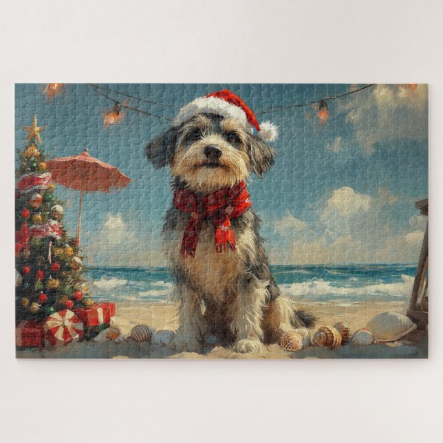 Quebra-cabeça Cachorro Wolfhound Natal Vintage Praia (Horizontal)