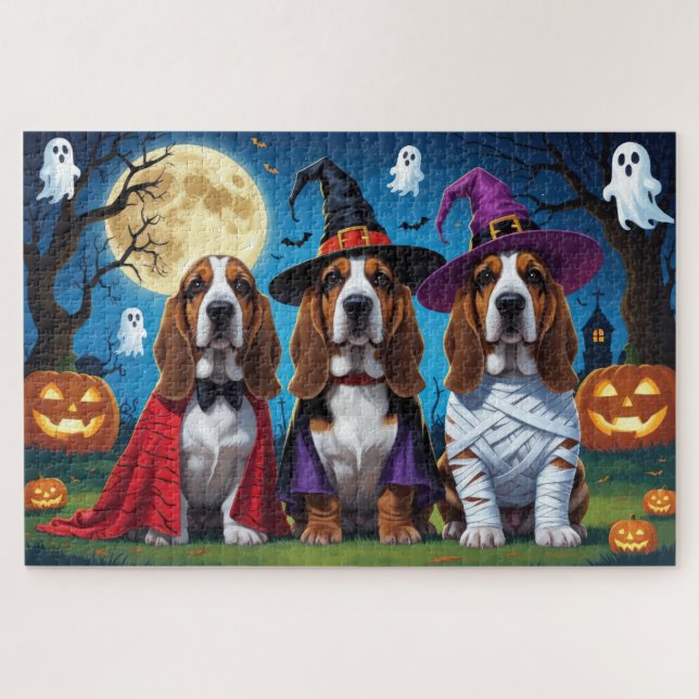 Quebra-cabeça Cachorros de Basset Pumpkin Halloween Engraçado (Horizontal)
