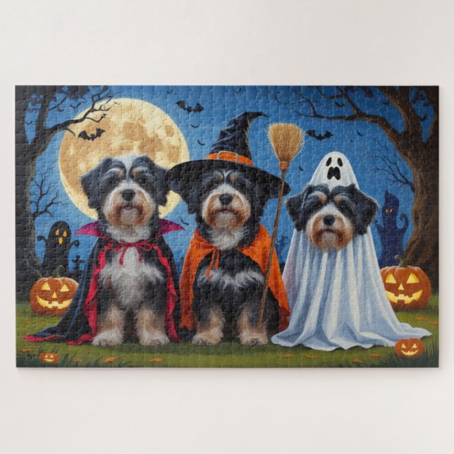 Quebra-cabeça Cachorros Havaneses Pumpkin Halloween Engraçado (Horizontal)