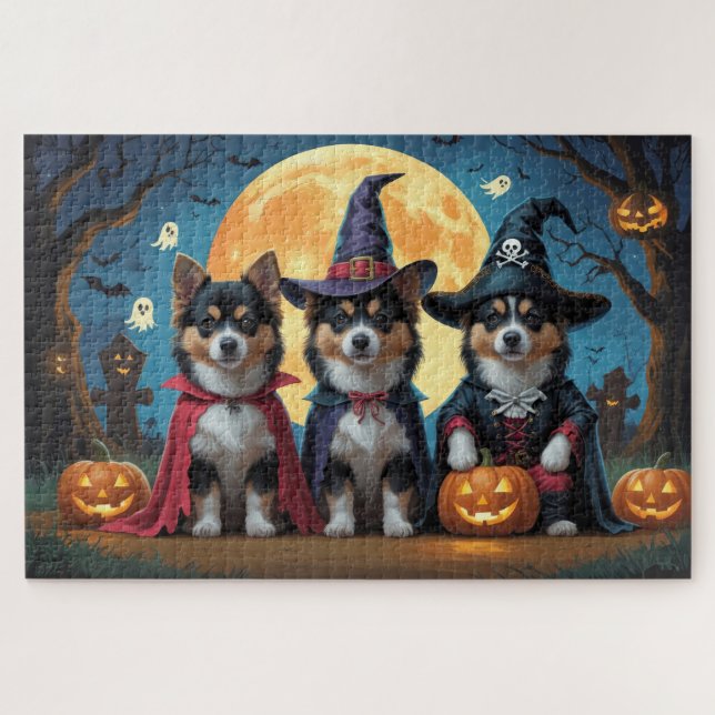 Quebra-cabeça Cachorros Lapfinlandeses Pumpkin Halloween Engraça (Horizontal)