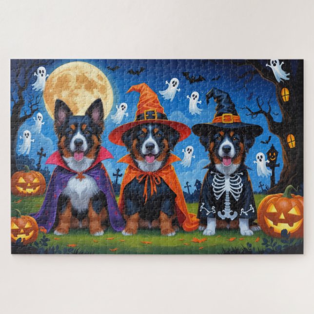 Quebra-cabeça Cachorros Malinois Belgas Pumpkin Halloween Engraç (Horizontal)