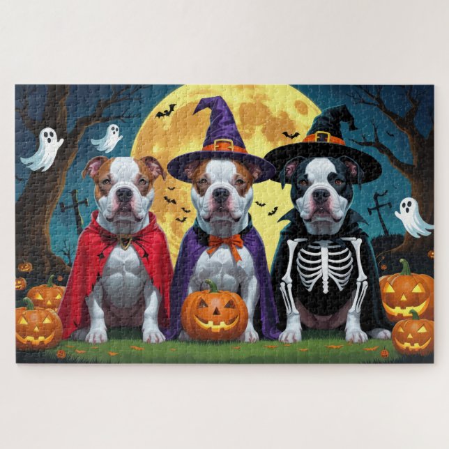 Quebra-cabeça Cachorros Pitbull Pumpkin Halloween Engraçado (Horizontal)