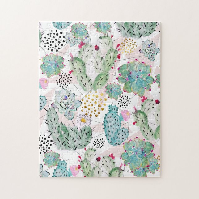 Quebra-cabeça cacto de aquarela e triângulos (Vertical)