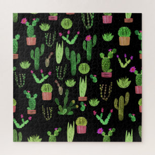 Quebra-cabeça Cactus de Aquarela Planta Sem Costura Fundo