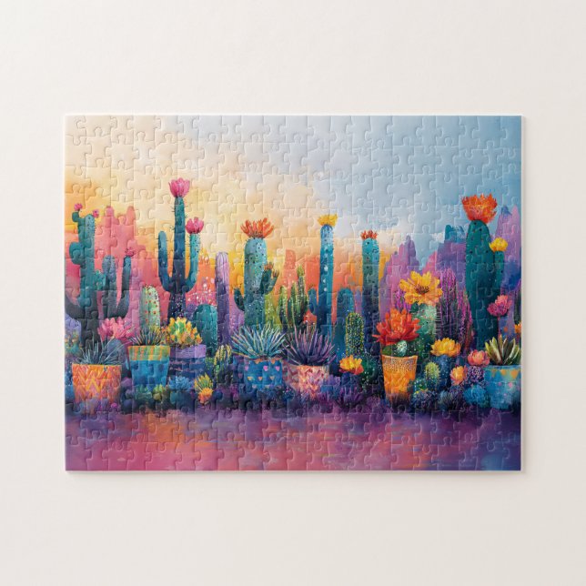 Quebra-cabeça Cactus e Flores Vibrantes de Aquarelas (Horizontal)