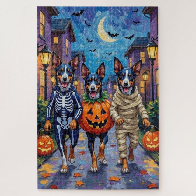 Quebra-cabeça Cães Blue Heeler Fazendo Trick-or-Treat no Hallowe (Vertical)