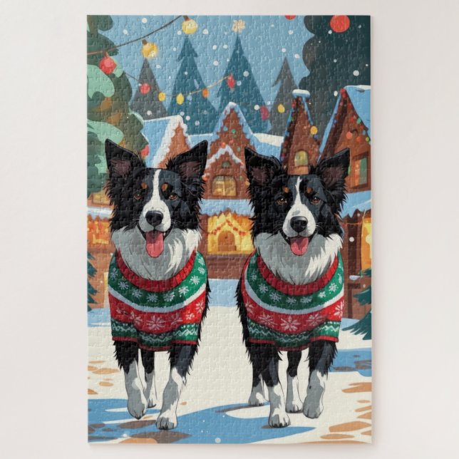 Quebra-cabeça Cães Border Collie Natal Neve Férias (Vertical)