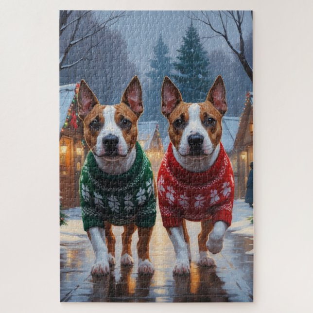Quebra-cabeça Cães Bull Terrier Natal Neve Férias (Vertical)