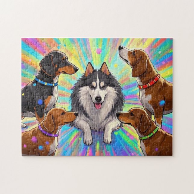 Quebra-cabeça Cães Cachorros com fundo arco-íris (Horizontal)