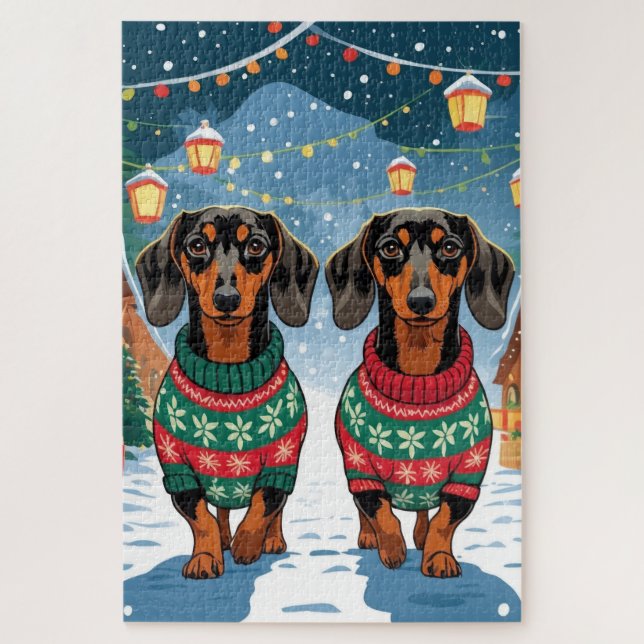 Quebra-cabeça Cães Dachshund Natal Neve Feriado (Vertical)