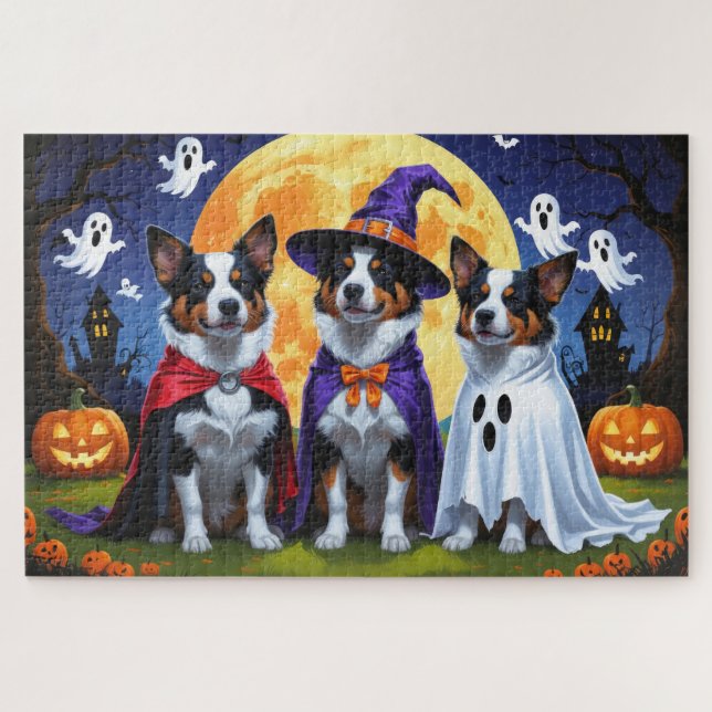 Quebra-cabeça Cães de Bovinos Australianos Pumpkin Halloween Eng (Horizontal)