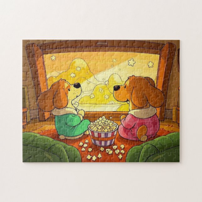 Quebra-cabeça Cães de desenho animado bonitos pipocas e filmes (Horizontal)