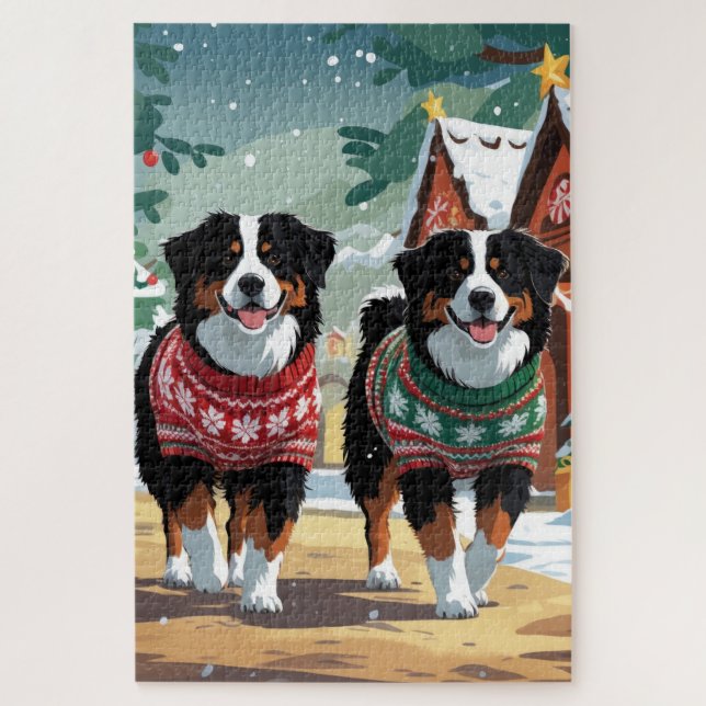 Quebra-cabeça Cães de Montanha Berneses Natal Neve Férias (Vertical)