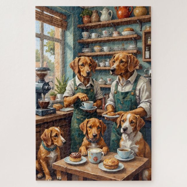 Quebra-cabeça Cães Engraçados Administrando Cafeteria Ilustração (Vertical)