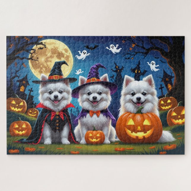 Quebra-cabeça Cães esquimó americanos abraçando o Halloween (Horizontal)