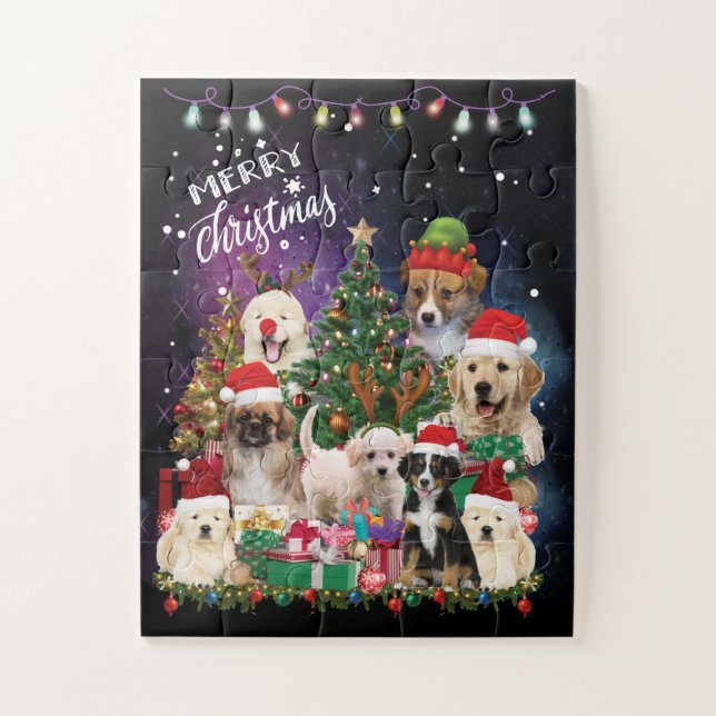 Quebra-cabeça Cães Feliz Natal Luz (Vertical)