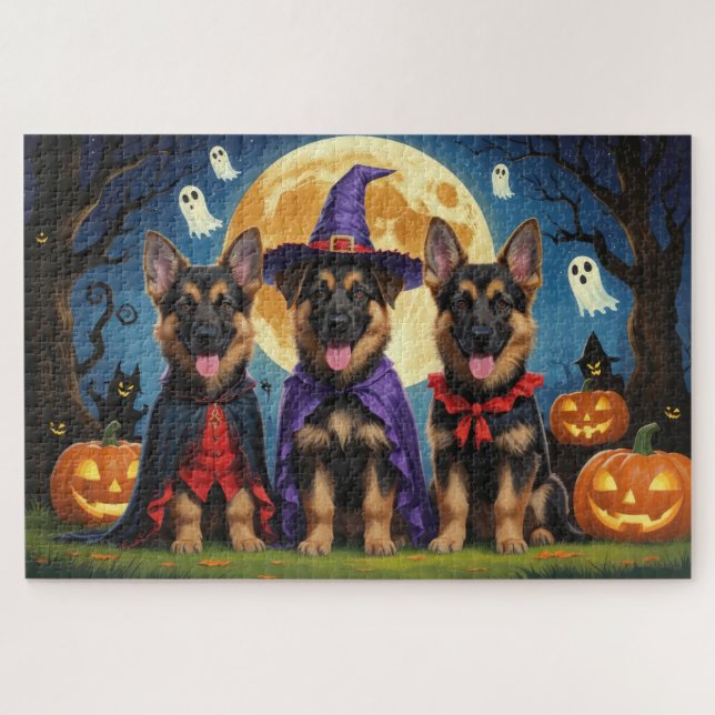 Quebra-cabeça Cães german shepherd Pumpkin Halloween Engraçado (Horizontal)