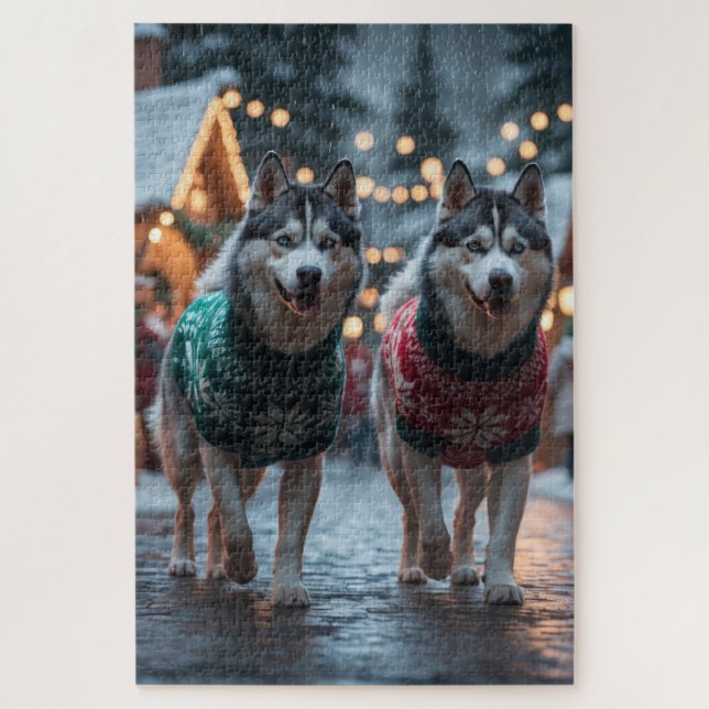 Quebra-cabeça Cães Husky Siberiano Natal Neve Férias  (Vertical)