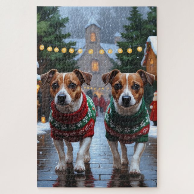 Quebra-cabeça Cães Jack Russell Natal Neve Férias (Vertical)