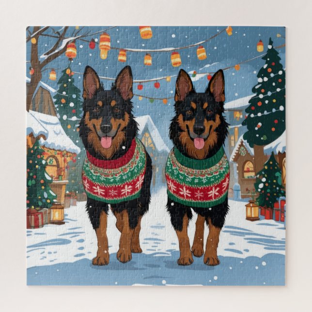 Quebra-cabeça Cães Malinois Belgas Natal Neve Férias (Vertical)