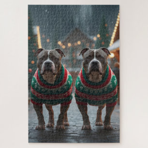 Quebra-cabeça Cães Pitbull Natal Neve Feriado