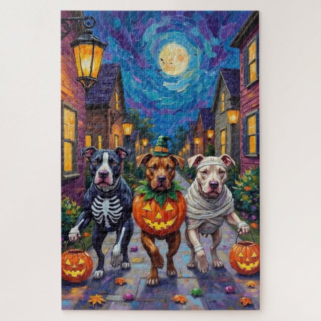 Quebra-cabeça Cães Pitbull Pedindo Doces ou Travessuras  Fantasi (Vertical)