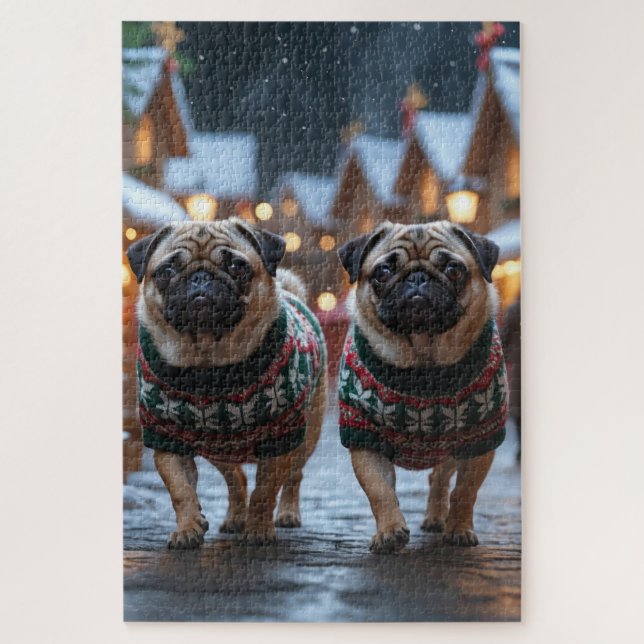 Quebra-cabeça Cães Pug Natal Neve Férias (Vertical)