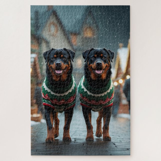 Quebra-cabeça Cães Rottweiler Natal Neve Férias (Vertical)