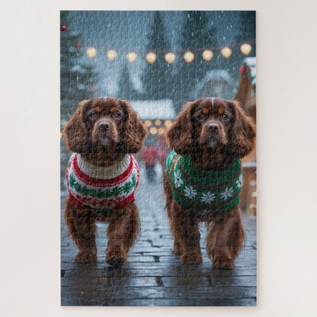 Quebra-cabeça Cães Spaniel Tibetano Natal Neve Férias (Vertical)