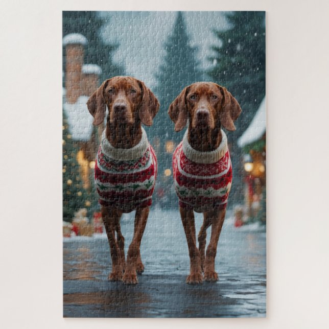 Quebra-cabeça Cães Vizsla Natal Neve Férias (Vertical)