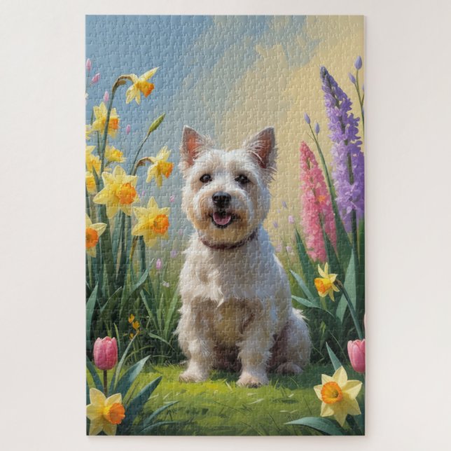 Quebra-cabeça Cairn Terrier Cachorro Flores de Primavera Pintura (Vertical)