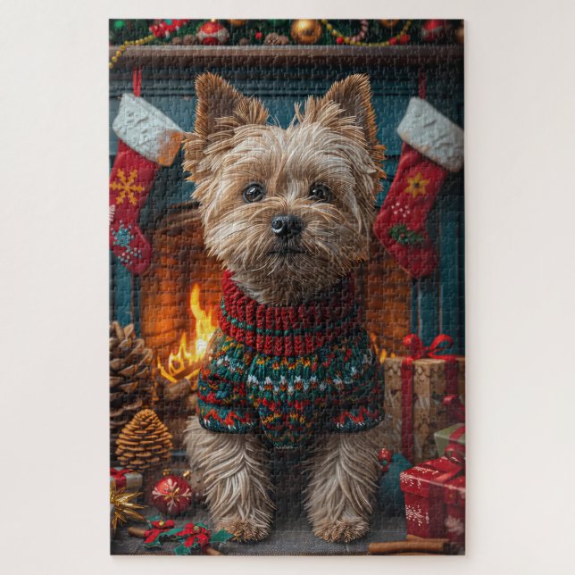 Quebra-cabeça Cairn Terrier com Presentes de Natal na Lareira (Vertical)