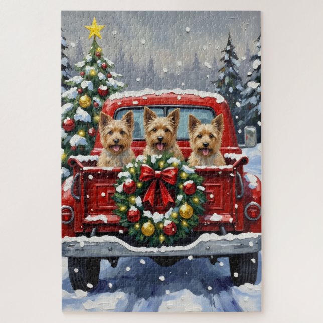 Quebra-cabeça Cairn Terrier Natal Caminhão Vermelho Férias (Vertical)