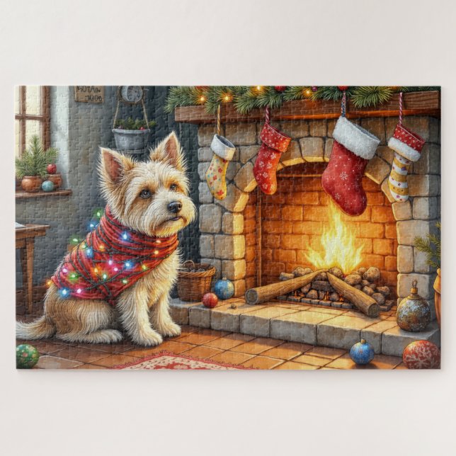 Quebra-cabeça Cairn Terrier Sitting Fireplace Christmas Lights (Horizontal)