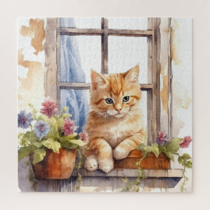 Quebra-cabeça Caixa de Flores da Janela do Gatinho Amarelo Pintu