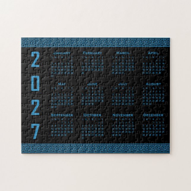 Quebra-cabeça Calendário 2027, Fretwork Grego, Azul Cosmos sobre (Horizontal)